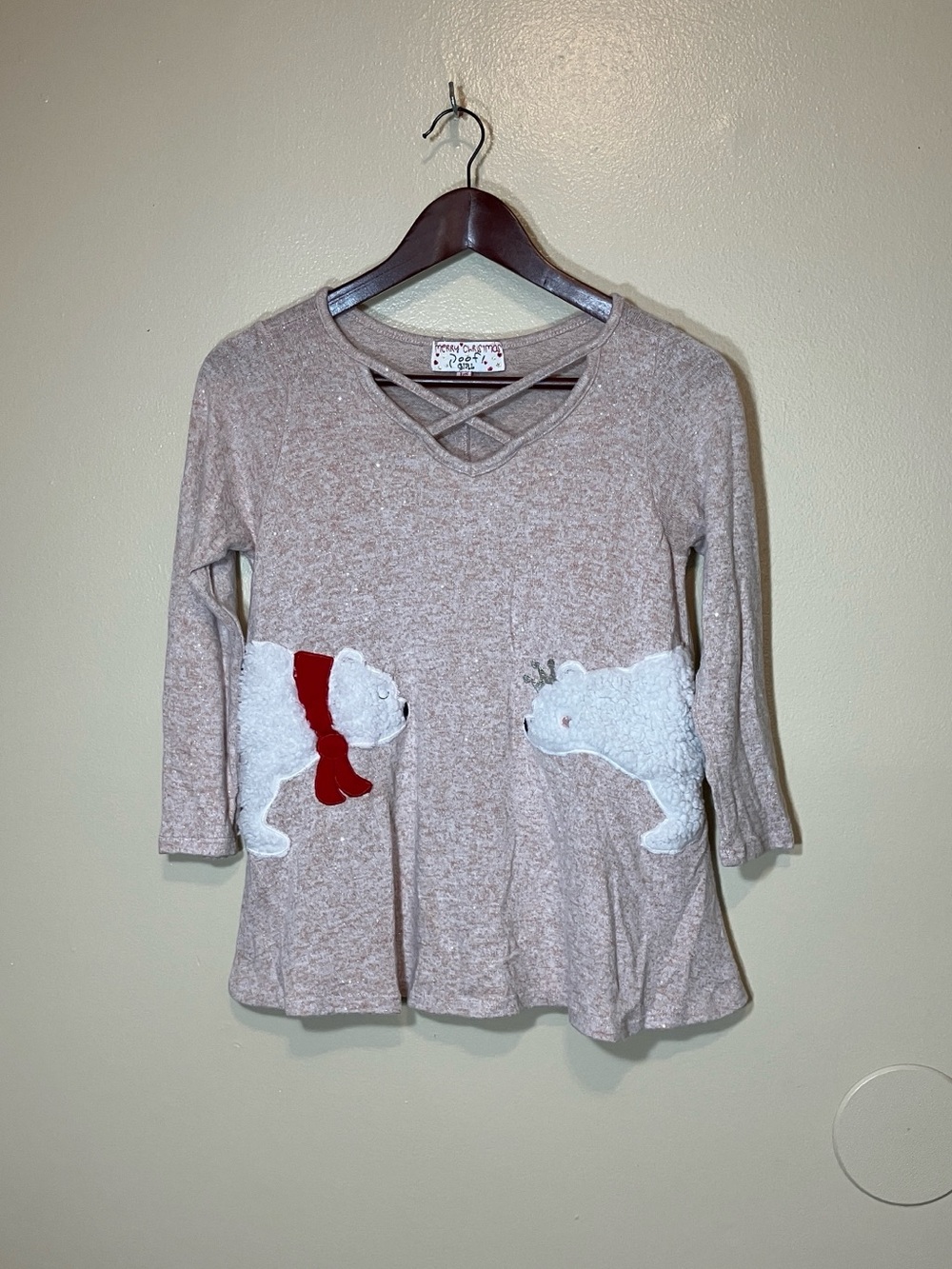 Poof! Pink Long-Sleeve Tee with Polar Bear poof Red Scarf Crown. Glittery.